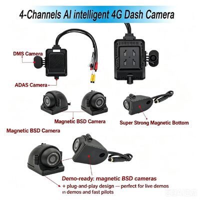 Camera Dash anteriore e posteriore 4CH ADAS DMS Registratore video automatico con 4G GPS WIFI Camera magnetica per camion