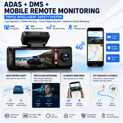Dash camera AI 4G a 3 canali 4K frontale, ADAS e DMS, localizzazione GPS, monitor di parcheggio 24 ore su 24, 7 giorni su 7