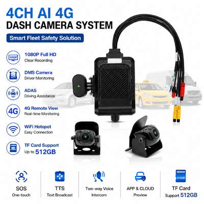 Dashcam AI Intelligente 4G a 4 canali, ADAS + DMS + BSD Sicurezza Attiva, Registrazione 1080P+720P per Taxi