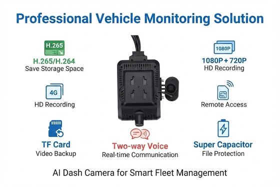 Dashcam AI Intelligente 4G a 4 canali, ADAS + DMS + BSD Sicurezza Attiva, Registrazione 1080P+720P per Taxi
