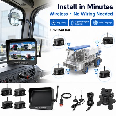 Kit di telecamere per trattori senza fili a 2 canali plug-and-play con monitor IP68 da 7 pollici con visione notturna BSD e design resistente alle vibrazioni