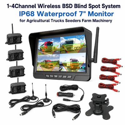 Kit di telecamere per trattori senza fili a 2 canali plug-and-play con monitor IP68 da 7 pollici con visione notturna BSD e design resistente alle vibrazioni