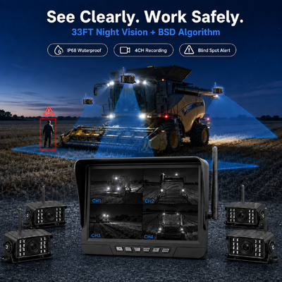 Kit di telecamere per trattori senza fili a 2 canali plug-and-play con monitor IP68 da 7 pollici con visione notturna BSD e design resistente alle vibrazioni