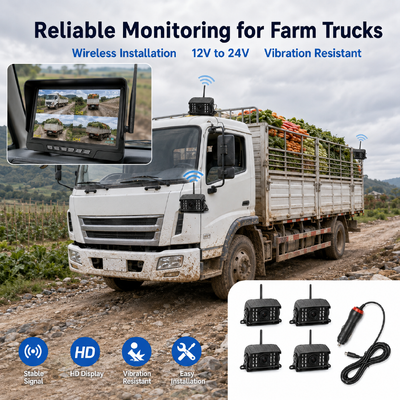 Kit di telecamere per trattori senza fili a 2 canali plug-and-play con monitor IP68 da 7 pollici con visione notturna BSD e design resistente alle vibrazioni
