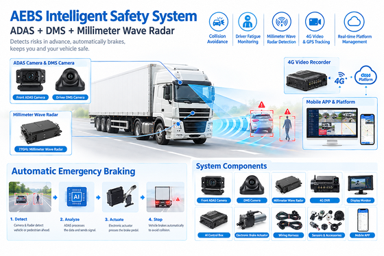 Sistema AEBS con radar ad onde millimetriche a 77 GHz ADAS + DMS e connettività 4G/5G per la telematica della flotta