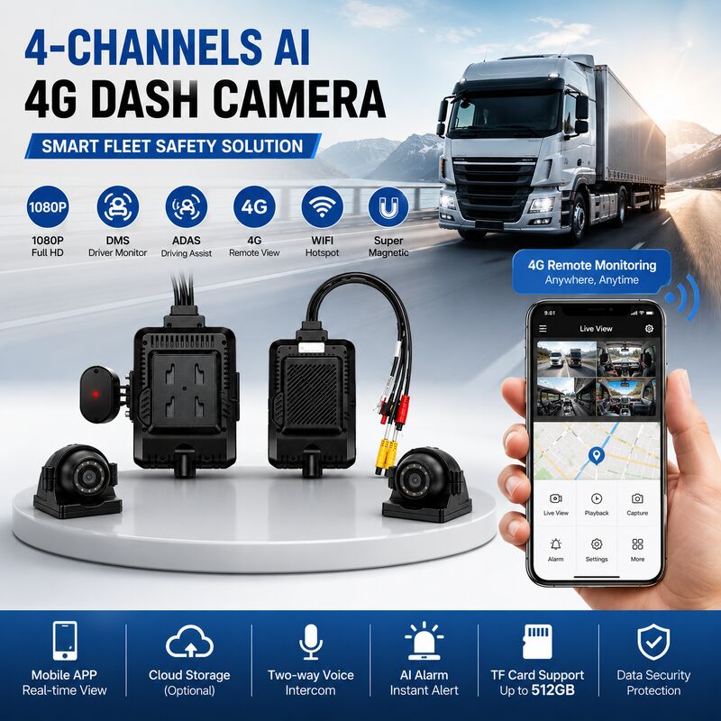 24V 4CH AI Dash Cam Kit Camera di sicurezza del veicolo DVR con DMS ADAS BSD Side Camera per camion / autobus