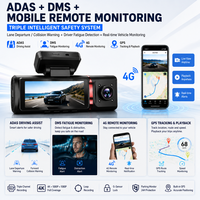 Dash camera AI 4G a 3 canali 4K frontale, ADAS e DMS, localizzazione GPS, monitor di parcheggio 24 ore su 24, 7 giorni su 7