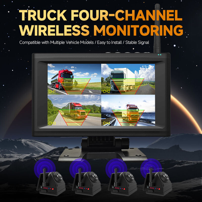 4CH 720P Wireless Dashcam per camion, camper e autobus  7" IPS BSD Alarm, montatura magnetica, ricaricabile, plug-and-play, espandibile 1-4CH