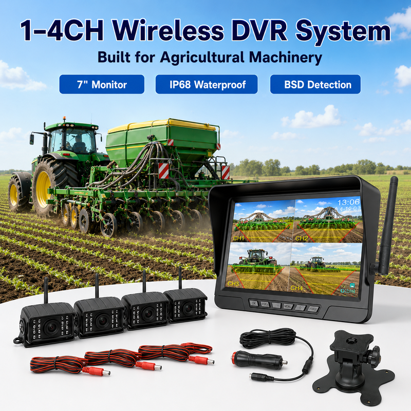 Kit di telecamere per trattori senza fili a 2 canali plug-and-play con monitor IP68 da 7 pollici con visione notturna BSD e design resistente alle vibrazioni