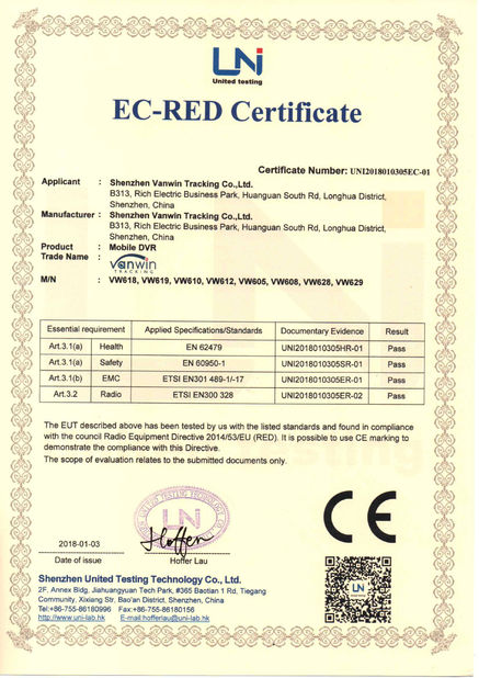 Porcellana Shenzhen Vanwin Tracking Co.,Ltd Certificazioni